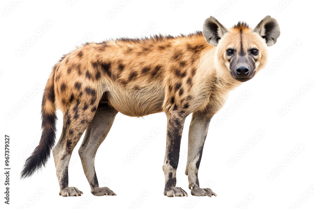 A spotted hyena, a dangerous scavenger, hunts in a wild park on transparent background A spotted hyena, a dangerous scavenger, hunts in a wild park on transparent background