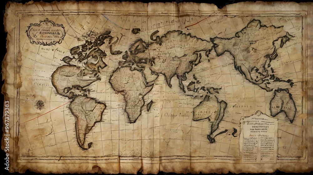 Obraz premium A weathered, rolled-out map with faded edges, showing the routes of ancient explorers and handwritten notes