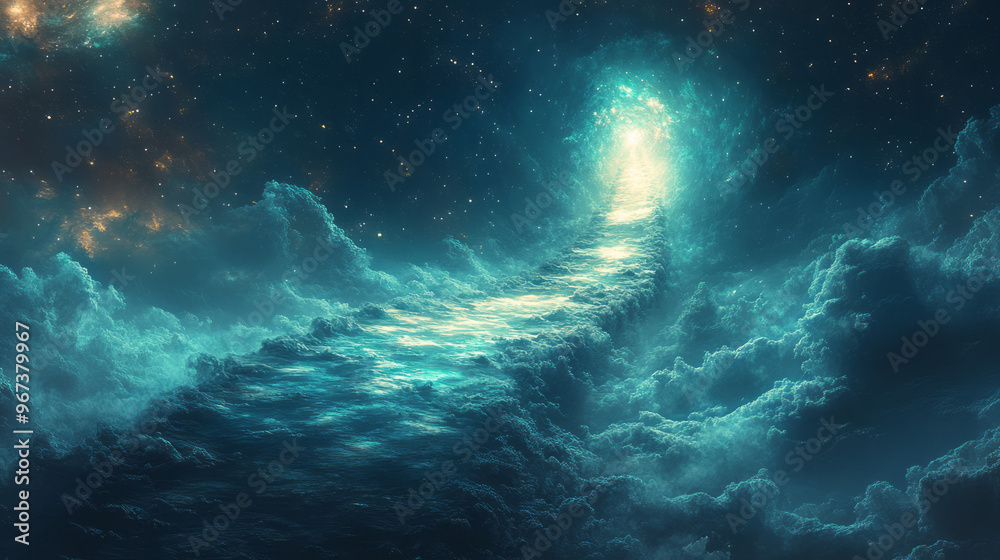 An interstellar crystal stream winding its way around a glowing planet, An interstellar crystal stream winding its way around a glowing planet,