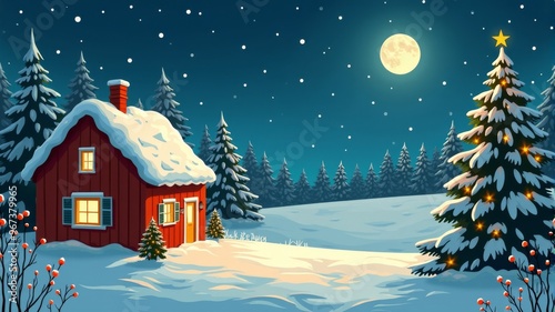 Festive Winter Night with Snow-Covered Cottage and Christmas Tree Illustration - Perfect for Holiday Greetings and Seasonal Decor.