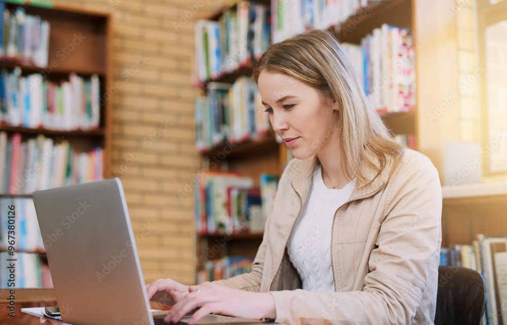 Research, library and woman with laptop at university for education, communication or online course. Computer, reading and college student on website for study schedule, article or project planning Research, library and woman with laptop at university for education, communication or online course. Computer, reading and college student on website for study schedule, article or project planning