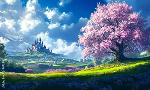 Fantasy Landscape with Cherry Blossom Tree and Castle