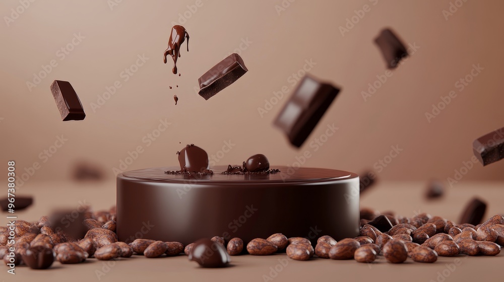 Chocolate brown podium with cocoa beans and dripping chocolate, ideal for confectionery product presentations in advertising promotions.