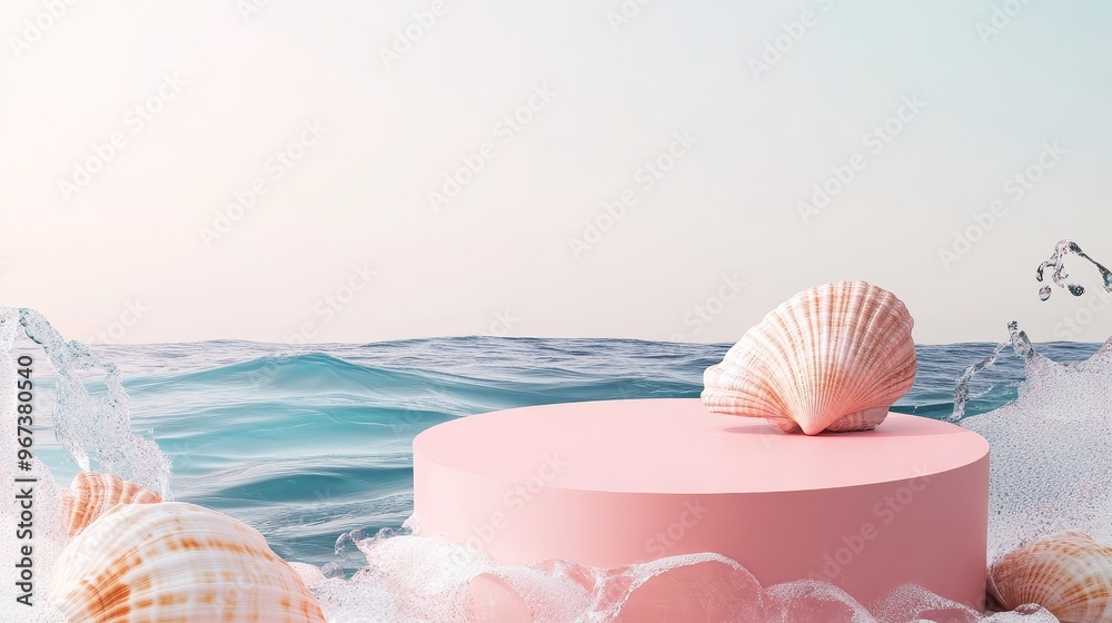 Coral pink podium with seashell accents and ocean waves, pedestal stage for beachwear product presentation in coastal scene for advertising and sale promotion background. Coral pink podium with seashell accents and ocean waves, pedestal stage for beachwear product presentation in coastal scene for advertising and sale promotion background.