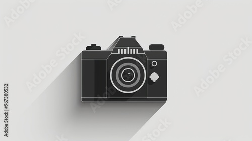 A simple, black silhouette of a camera on a gray background.