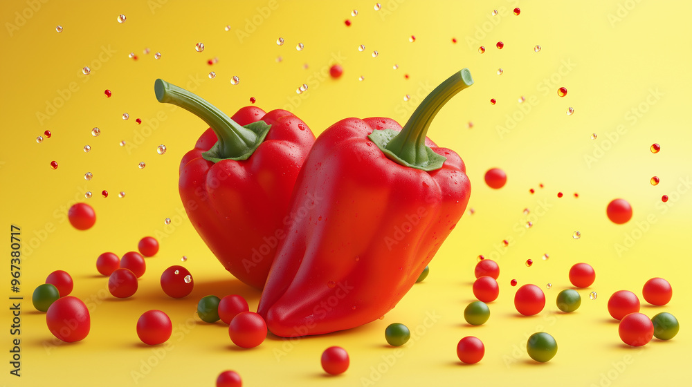 Two red peppers are on a yellow background with a lot of red and green spheres. The peppers are the main focus of the image, and the spheres are scattered around them, creating a sense of depth Two red peppers are on a yellow background with a lot of red and green spheres. The peppers are the main focus of the image, and the spheres are scattered around them, creating a sense of depth