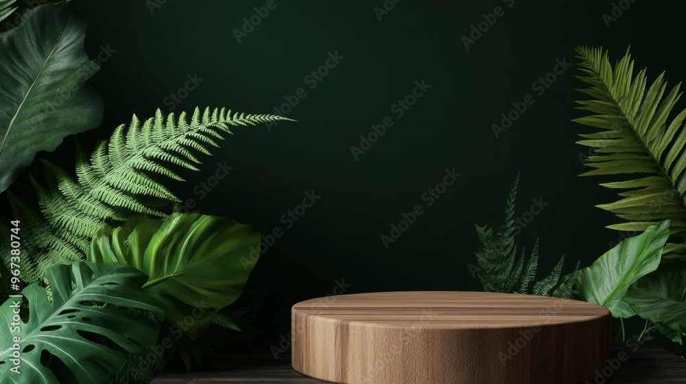 Eco-friendly tropical podium with lush green ferns and jungle theme for product presentation and advertising background. Eco-friendly tropical podium with lush green ferns and jungle theme for product presentation and advertising background.