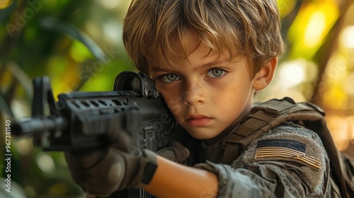 Young Boy Soldier Aiming Rifle in Jungle