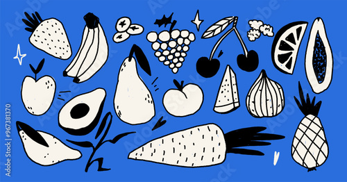 Set of scribble fruits doodles at the trendy handdrawn style with jagged curve pencil brush. Sketches blue background and black and white isolated vector elements