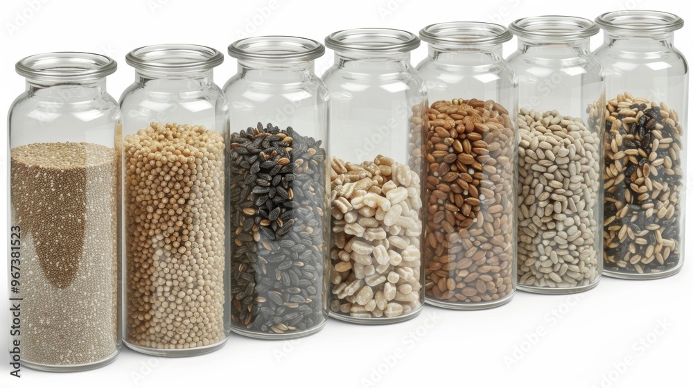 Diverse selection of superfoods and grains in glass jars ready for donation to those in need Diverse selection of superfoods and grains in glass jars ready for donation to those in need