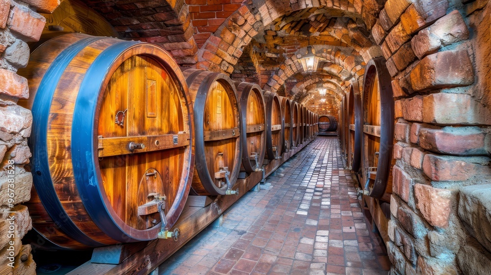 Enchanting wine cellar atmospheric ambiance with wooden barrels and stone walls Enchanting wine cellar atmospheric ambiance with wooden barrels and stone walls