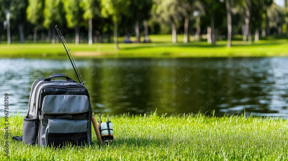 A fishing backpack sits on vibrant green grass near a calm lake, with a fishing rod placed upright next to it, reflecting a serene outdoor setting in the daytime A fishing backpack sits on vibrant green grass near a calm lake, with a fishing rod placed upright next to it, reflecting a serene outdoor setting in the daytime