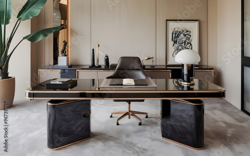 A photo of a luxurious modern executive office desk with a shiny finish.