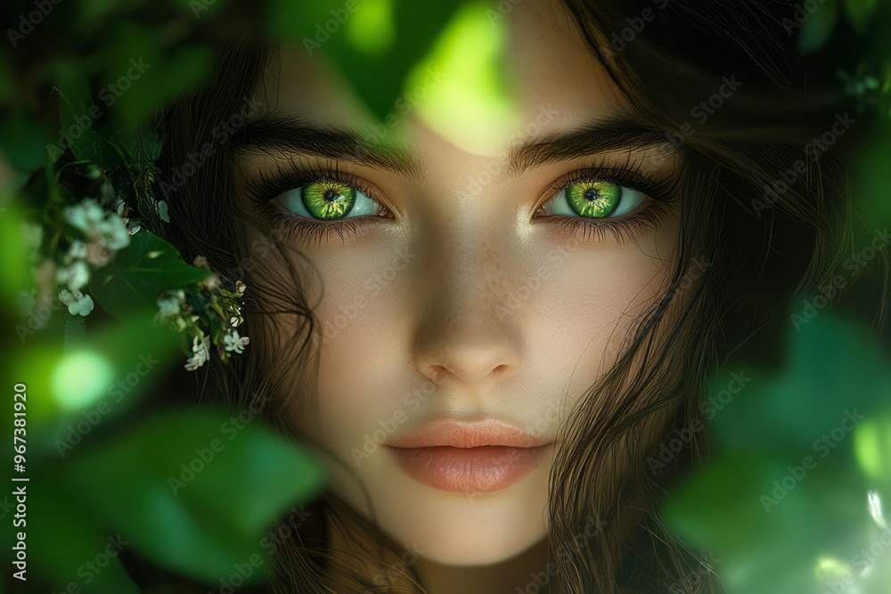 A serene forest nymph with glowing green eyes, A serene forest nymph with glowing green eyes,