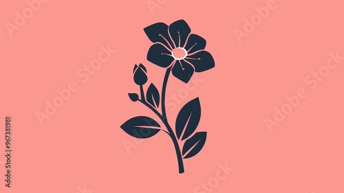 A simple, stylized illustration of a flower with a bud and leaves on a pink background. #967381981