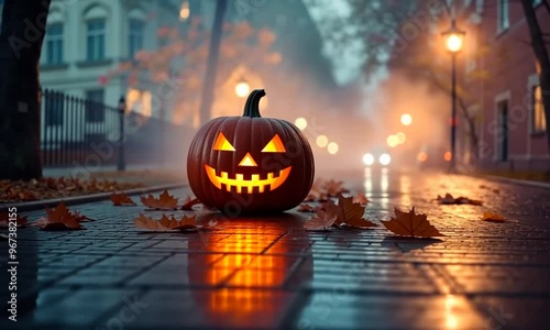 Halloween Pumpkin on a Foggy Street