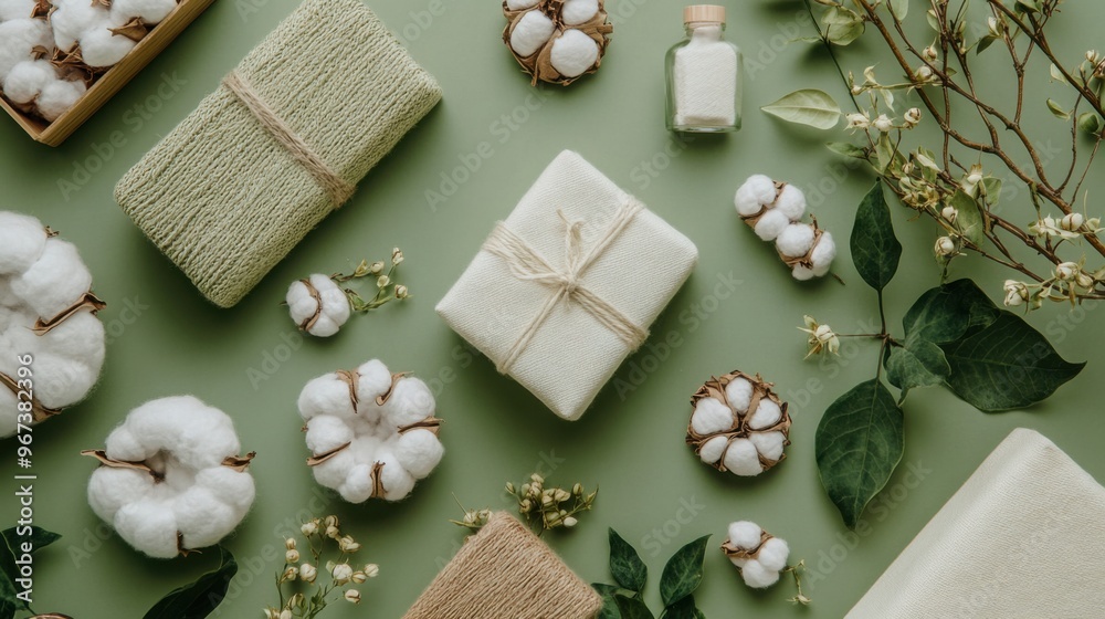 A creative shot of cotton-based products, such as eco-friendly packaging made from recycled cotton fibers. A creative shot of cotton-based products, such as eco-friendly packaging made from recycled cotton fibers.