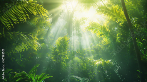 a lush rainforest canopy, sunlight streaming through