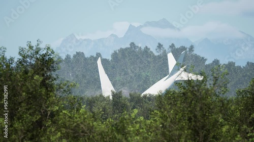 The camera zooms in on airplane wreckage in mountainous and wooded terrain.