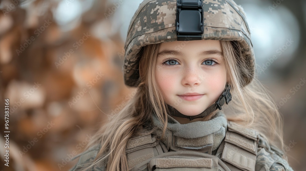 Young Girl in Military Uniform with Determined Expression Young Girl in Military Uniform with Determined Expression