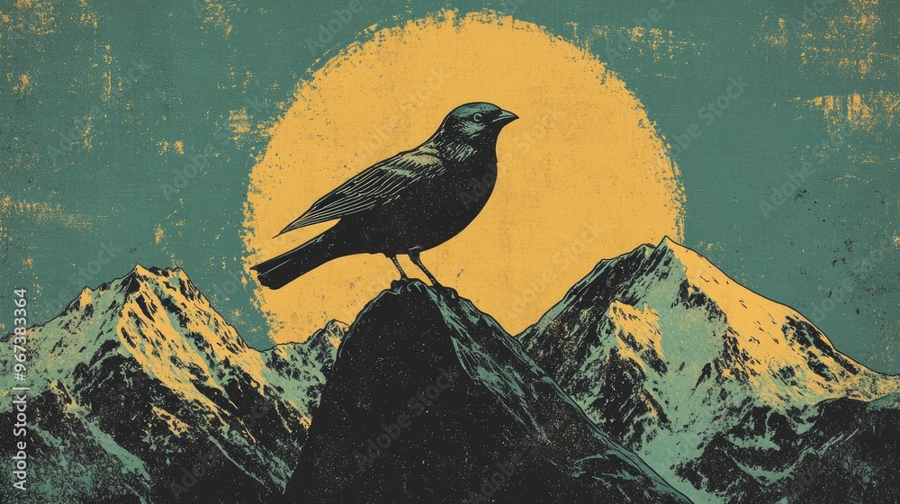 Fototapeta Retro illustration of a bird in a mountainous landscape