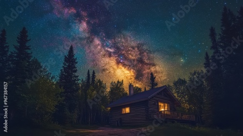 A vibrant Milky Way galaxy glowing above a remote cabin in the woods, with soft light coming from the windows.