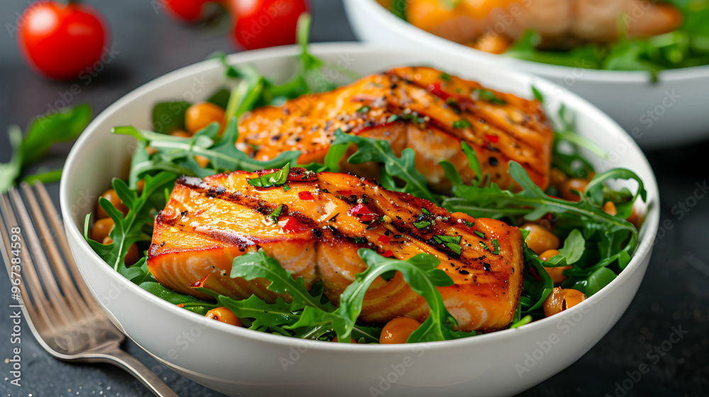 Salmon With Chickpeas And Arugula White Ceramic Salmon With Chickpeas And Arugula White Ceramic