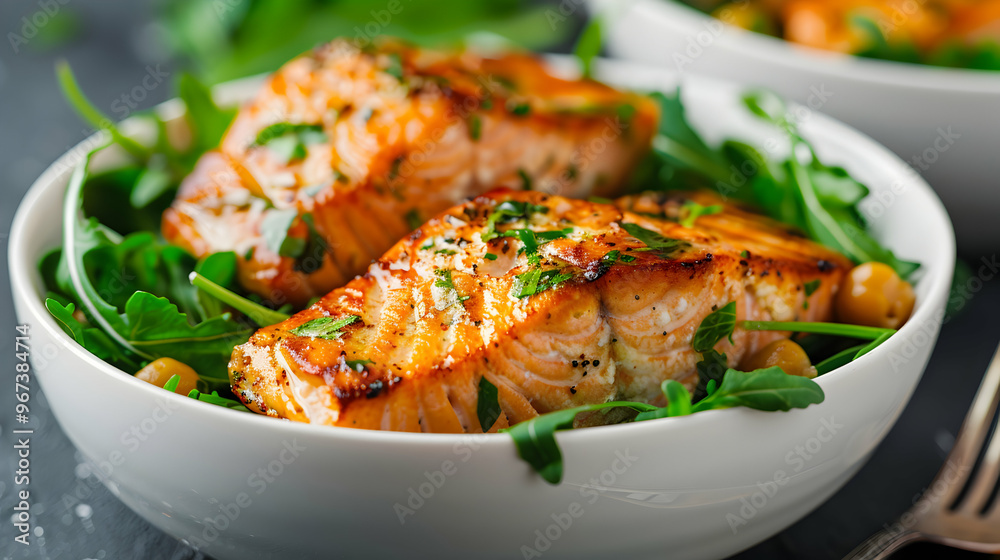 Salmon With Chickpeas And Arugula White Ceramic Salmon With Chickpeas And Arugula White Ceramic
