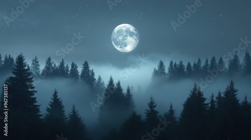 The moon rising above a fog-covered forest, with the night sky glowing faintly in the background.