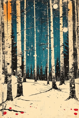 Retro illustration of a beautiful winter forest scene with trees covered in snow