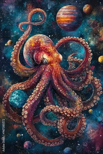 An inquisitive octopus floating in zero gravity