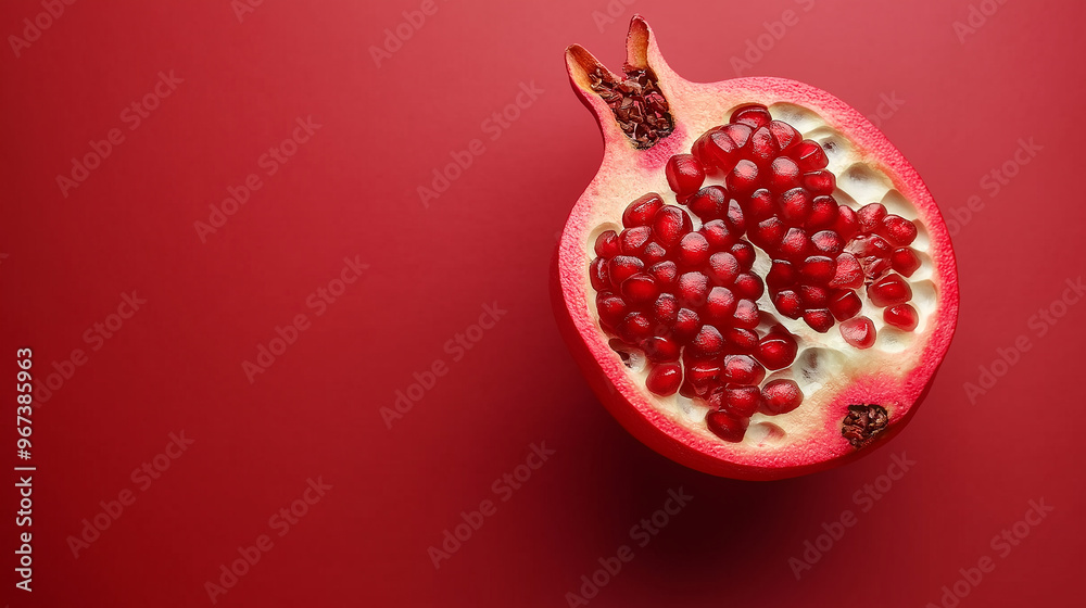 A red pomegranate is shown on a red background. The pomegranate is the main focus of the image, and it is the most important element A red pomegranate is shown on a red background. The pomegranate is the main focus of the image, and it is the most important element