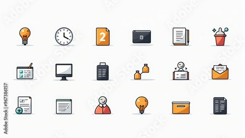 Business and Office Icons Illustration with Office Supplies, Documents, and Computer Graphics
