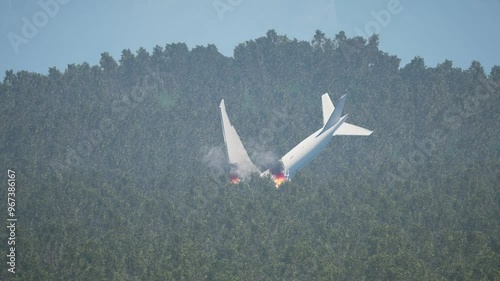Burning plane in the woods. Blazing aircraft in the forest.