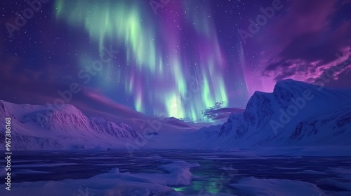 The Northern Lights dancing across the Arctic night sky, illuminating the snow-covered ground with ethereal colors. photo