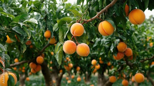 A grove of market-ready peach trees (Prunus persica), with ripe fruit hanging low on the branches