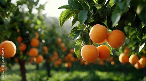 A grove of market-ready peach trees (Prunus persica), with ripe fruit hanging low on the branches