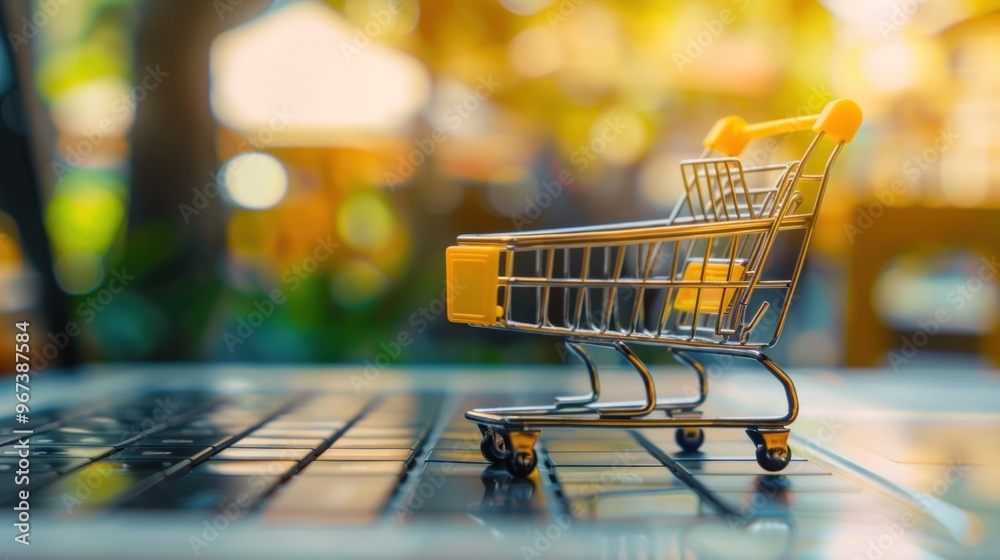 Online shopping concept with miniature shopping cart standing in front of laptop Online shopping concept with miniature shopping cart standing in front of laptop