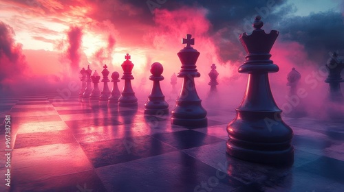 surreal chess landscape with oversized magenta pieces casting long shadows dreamlike atmosphere with swirling mist