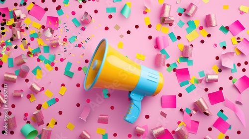 Children s card concept announcement with megaphone scattered confetti