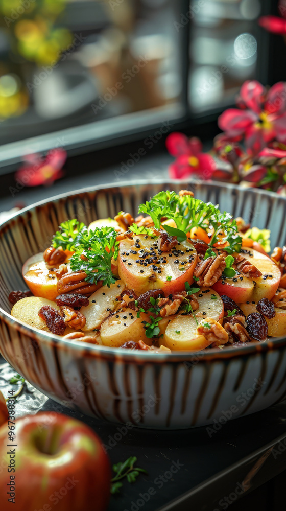 Elegantly Arranged Apple & Celery Salad with Walnuts, Raisins, Lemon Juice, and Greek Yogurt Elegantly Arranged Apple & Celery Salad with Walnuts, Raisins, Lemon Juice, and Greek Yogurt