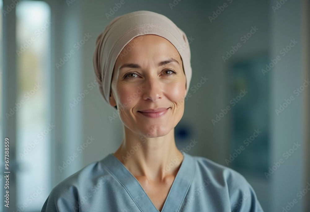 A woman wearing a headscarf smiles confidently while dressed in a hospital gown, signaling hope and strength after undergoing breast cancer treatment. Generative AI A woman wearing a headscarf smiles confidently while dressed in a hospital gown, signaling hope and strength after undergoing breast cancer treatment. Generative AI