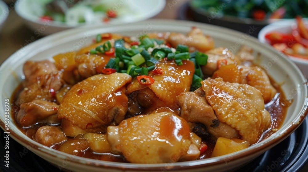 Chinese home cooked meal Braised chicken in golden sauce Chinese home cooked meal Braised chicken in golden sauce