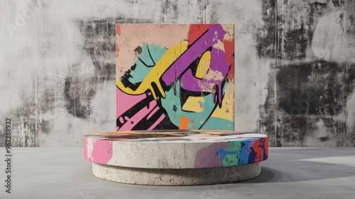 Concrete podium with graffiti art, urban street elements. Ideal for streetwear product presentation. Edgy backdrop for advertising, sale promotion.
