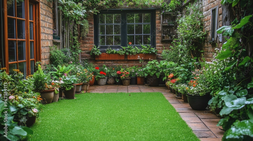 Fototapeta premium Lush garden courtyard with vibrant plants and greenery.