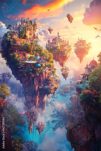 A breathtaking panoramic view showcasing a vibrant fantasy world