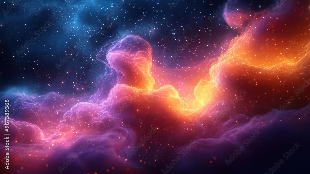 surreal digital landscape with swirling neon smoke tendrils against a cosmic backdrop holographic particles dance through the vibrant hues creating an otherworldly atmosphere