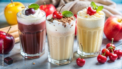 Delicious fruit smoothies in glass cups topped with cream and cherries, surrounded by fresh fruits 