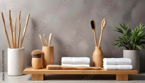 Eco toothbrushes. Bamboo toothbrushes cup, natural soap, plastic free ear sticks, wooden hair brush and white towels on gray stone background