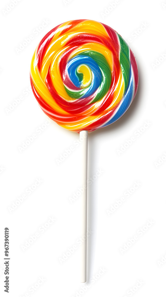 Lollipop with spiral rainbow colors, twisted sucker candy on stick isolated on white background Lollipop with spiral rainbow colors, twisted sucker candy on stick isolated on white background